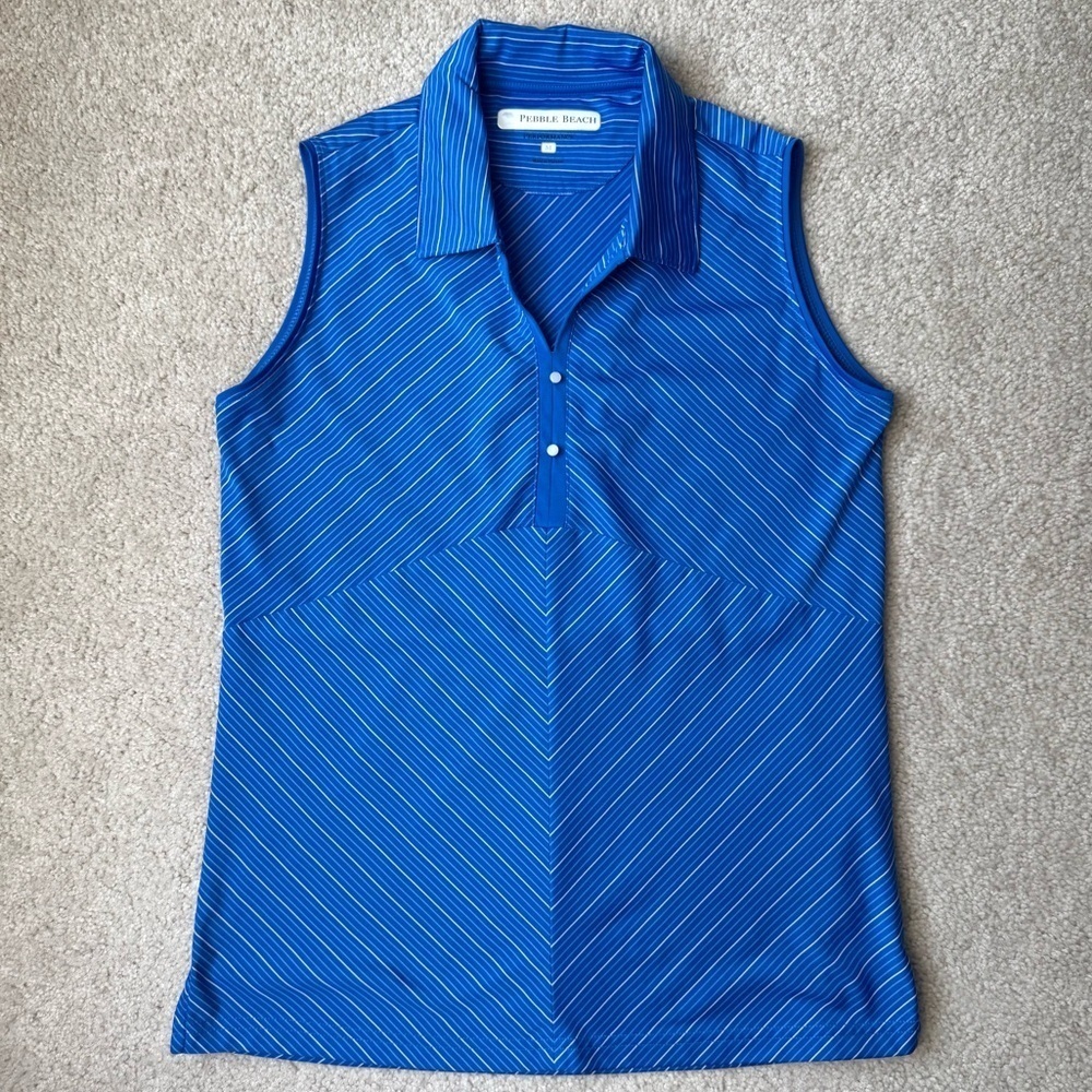 Pebble Beach Performance Women’s Sleeveless Polo Golf Top Blue Stripe Medium